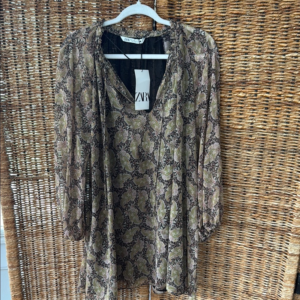 Zara Brown Mini Sundress with Bishop Sleeves